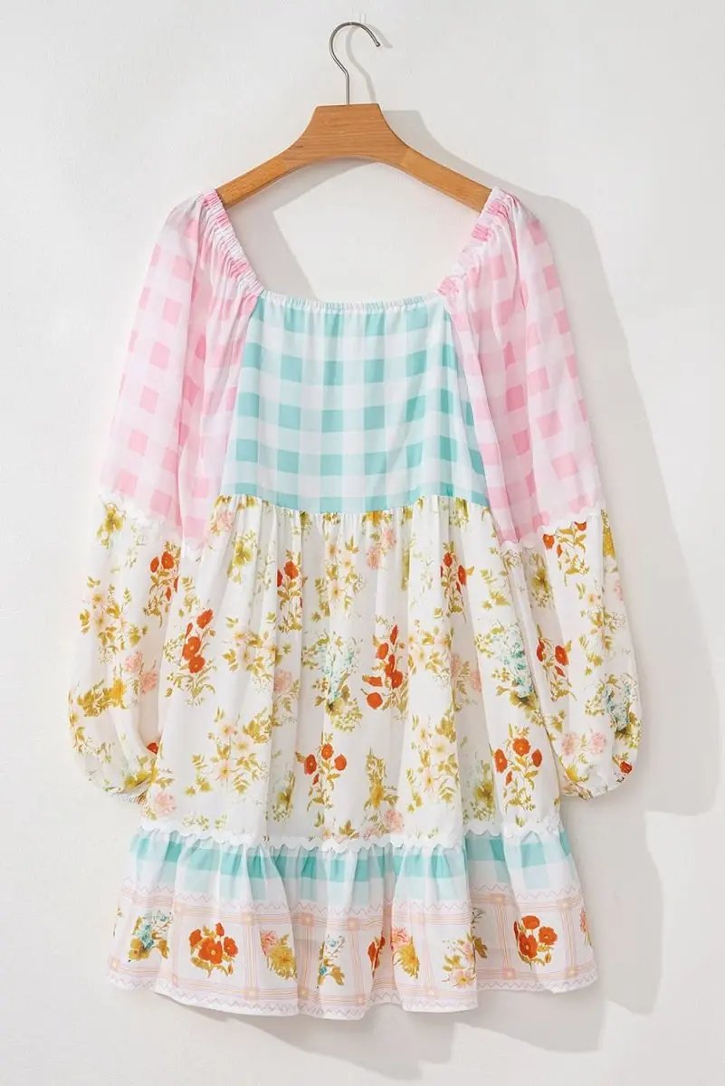 Pink Ric Rac Plaid Floral Print Patchwork Bubble Sleeve Dress - Love Salve